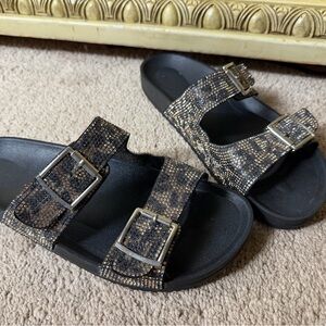 Women’s cheetah bedazzled gem sandals sliders with gold buckle size 10